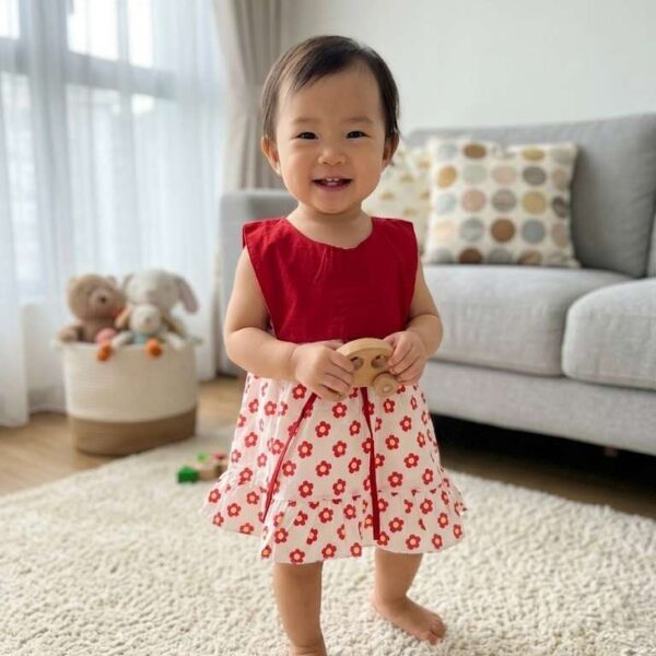 Vibrant Red & White Floral Print Sleeveless Summer Dress for Girls